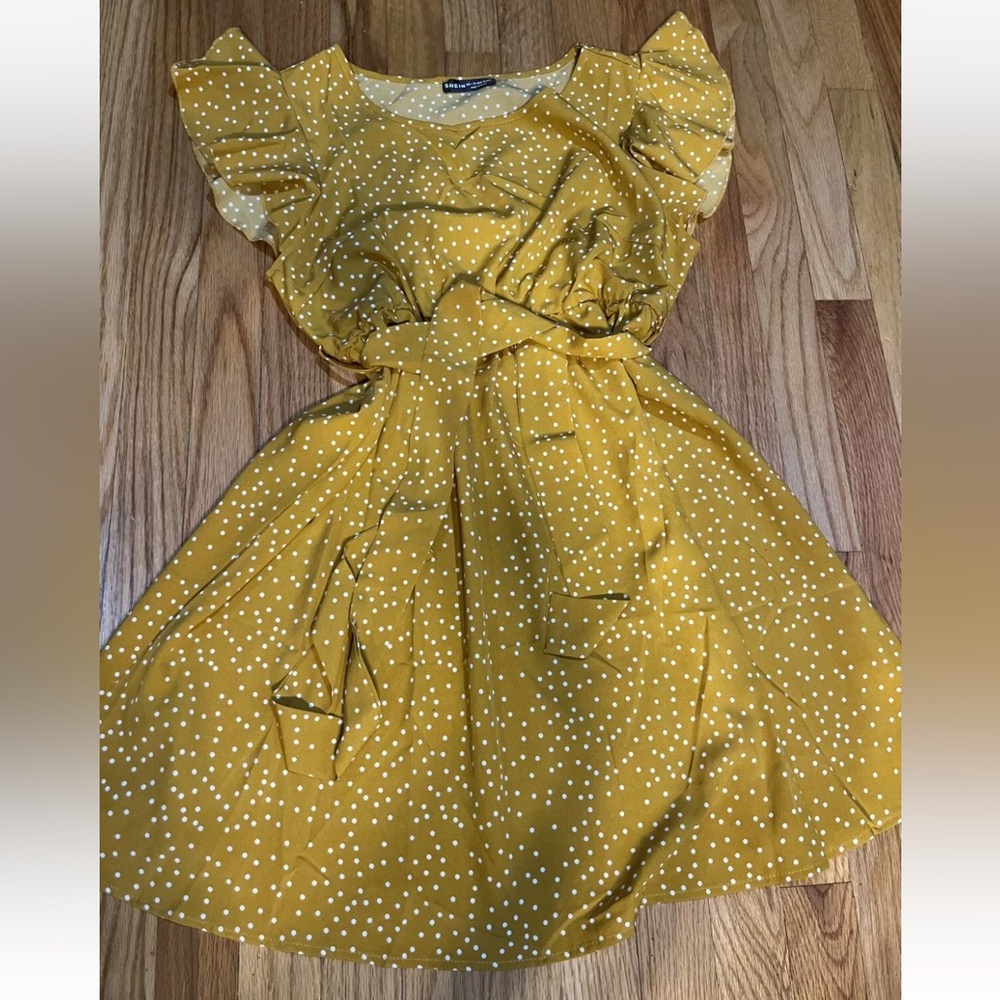 Shein Womens Midi Dress L (US 8/10) Yellow White Polka Dots Ruffle Sleeve Belt